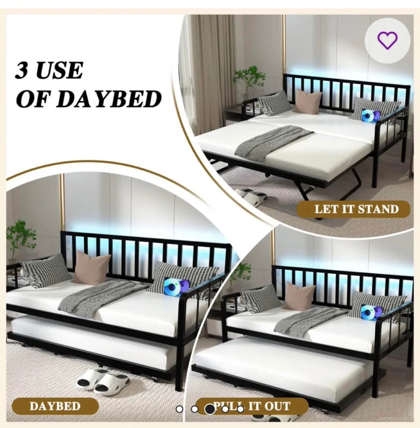 3-in-1 Metal Daybed with Trundle - Twin Size image indicator(2)