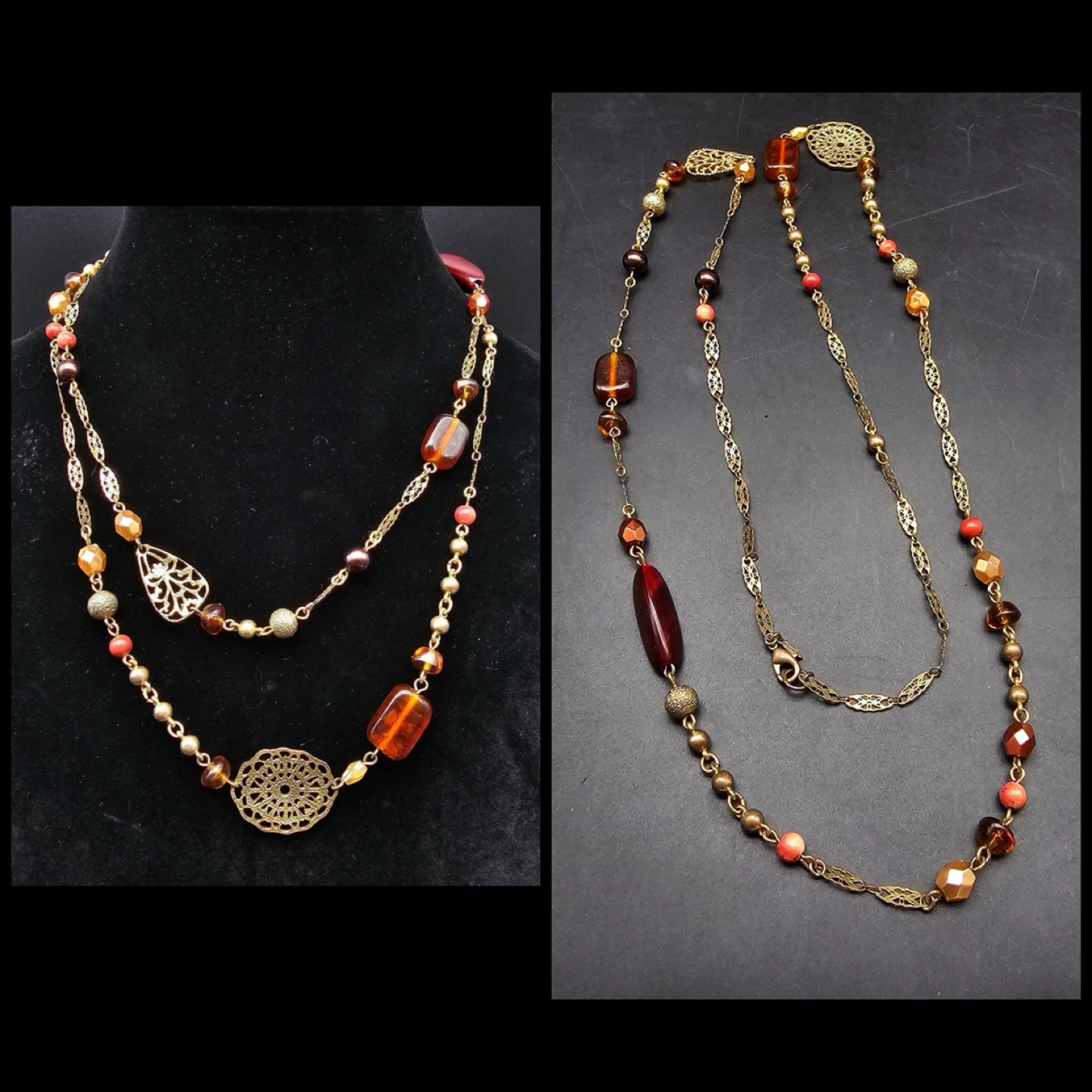 Avon Station Necklace (Signed Vintage, Beaded, Gold Tone, Red)