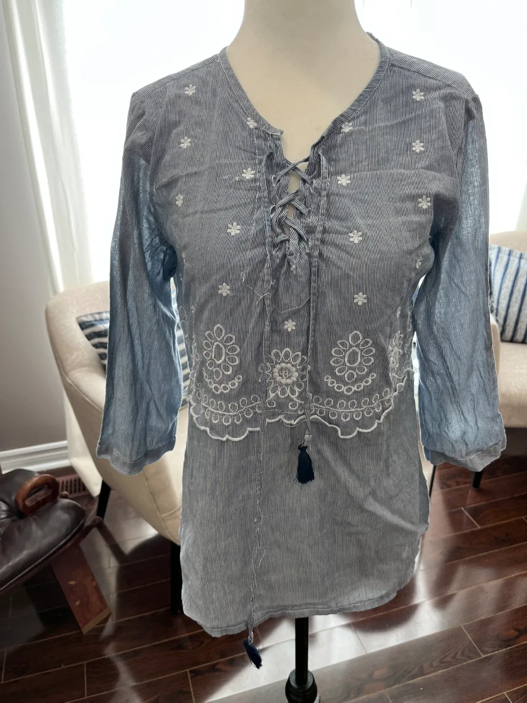 Blue Striped Lace-Up Blouse thumbnail