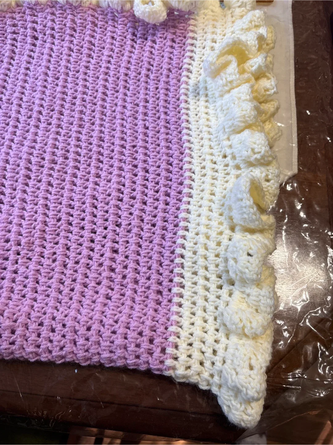 Handmade Crocheted Baby Blanket - Purple & Cream image indicator(3)