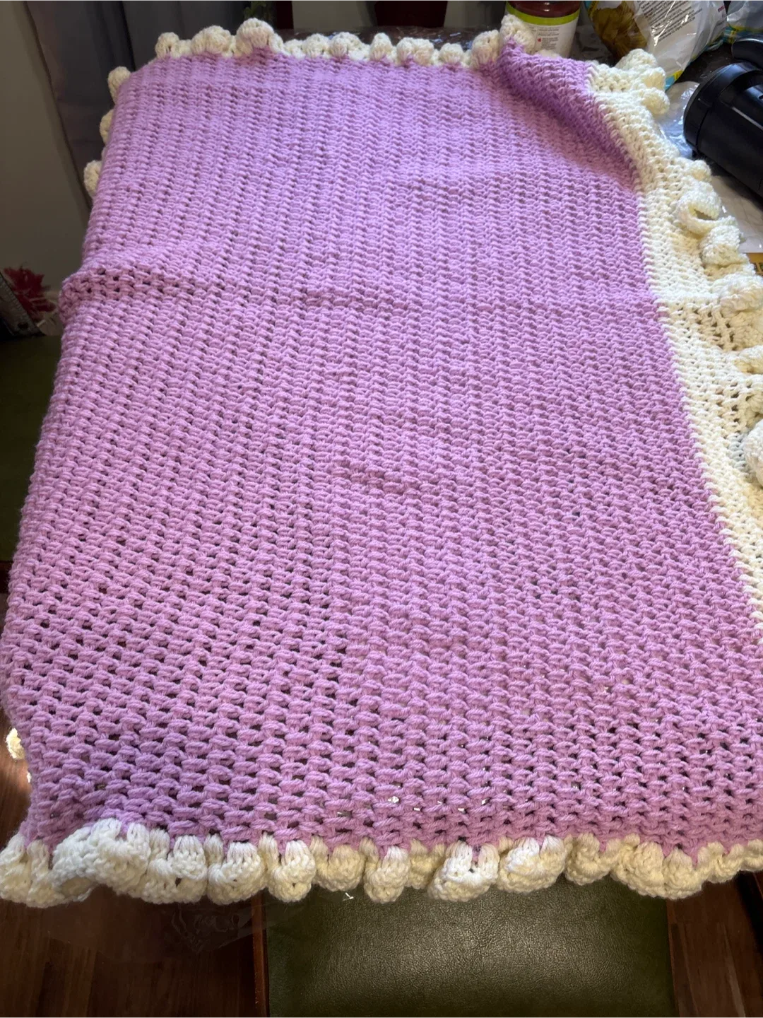 Handmade Crocheted Baby Blanket - Purple & Cream