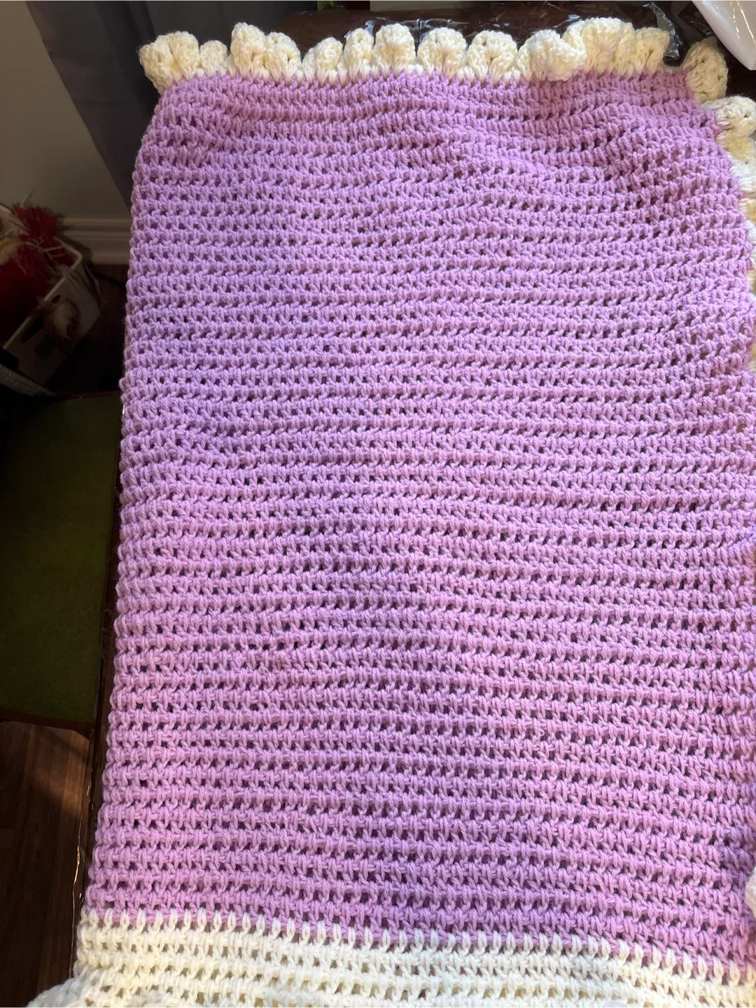 Handmade Crocheted Baby Blanket - Purple & Cream image indicator(4)