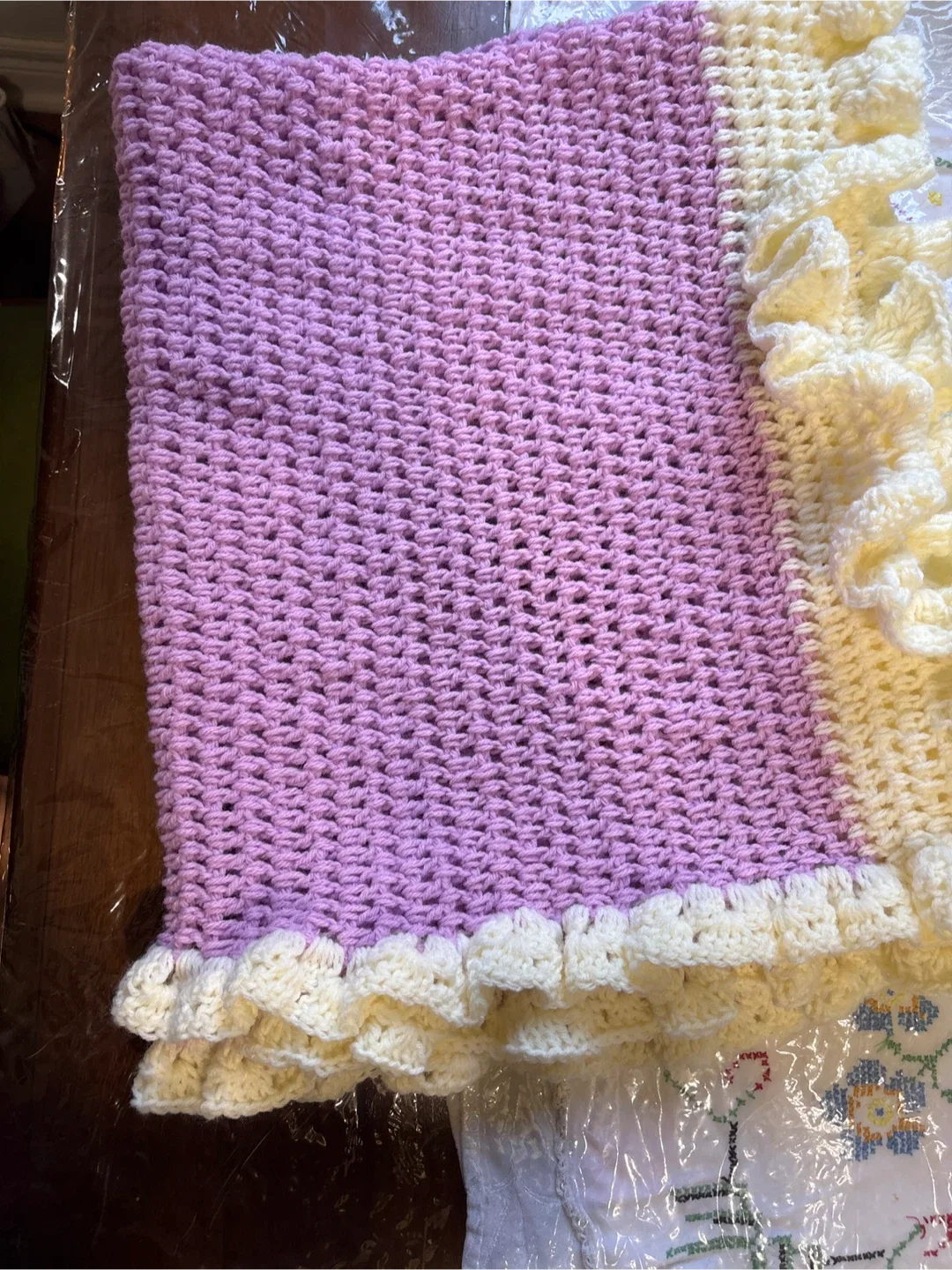 Handmade Crocheted Baby Blanket - Purple & Cream image indicator(5)