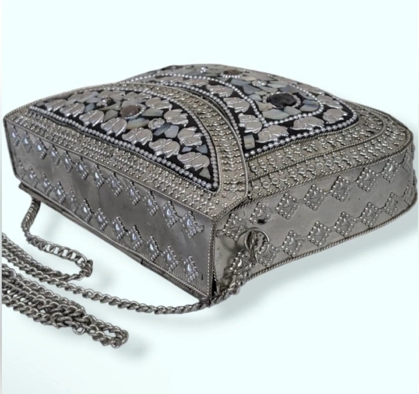 Vintage Handmade Mosaic Mother of Pearl Crossbody Metal Purse image indicator(6)