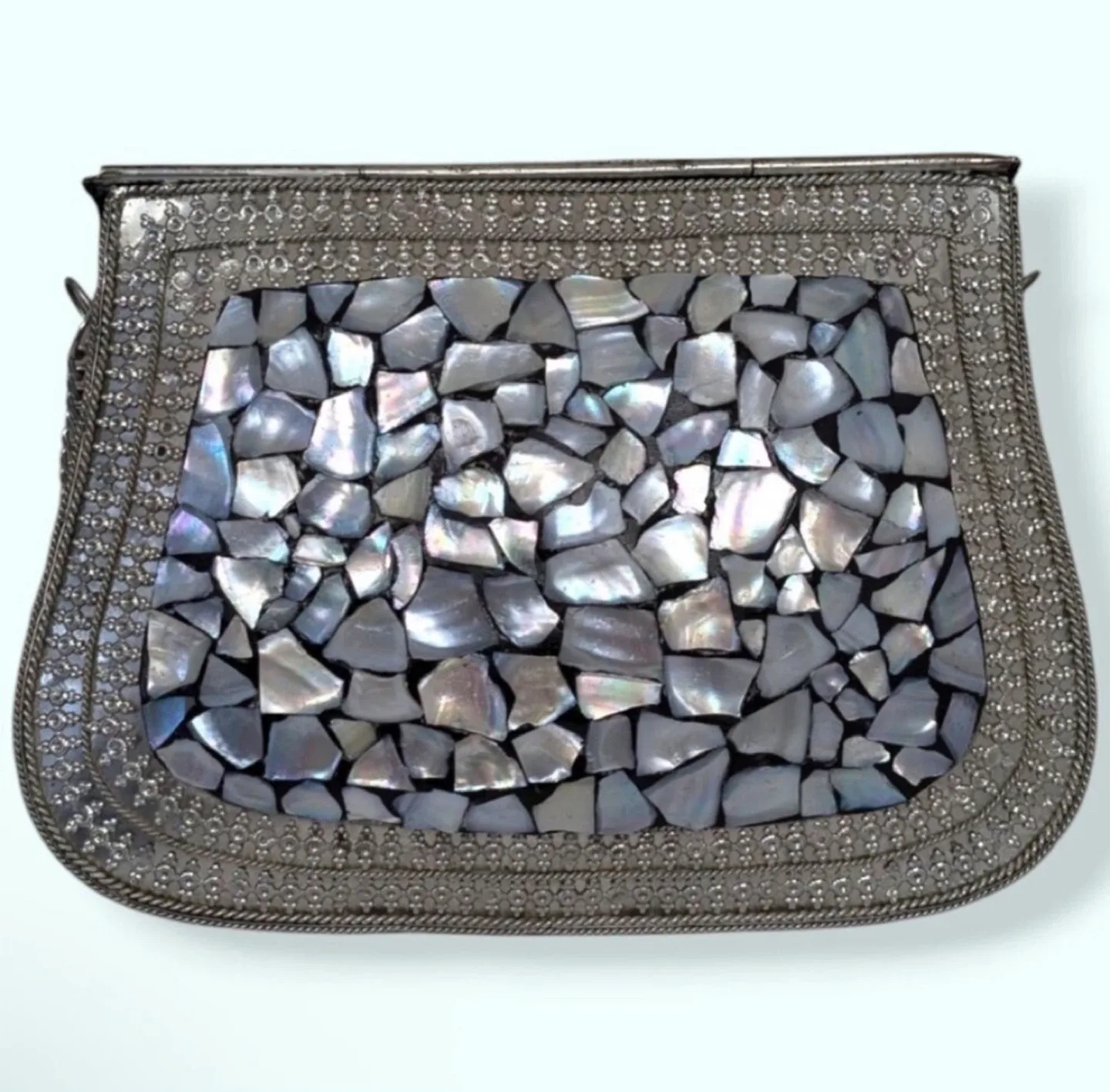 Vintage Handmade Mosaic Mother of Pearl Crossbody Metal Purse image indicator(2)