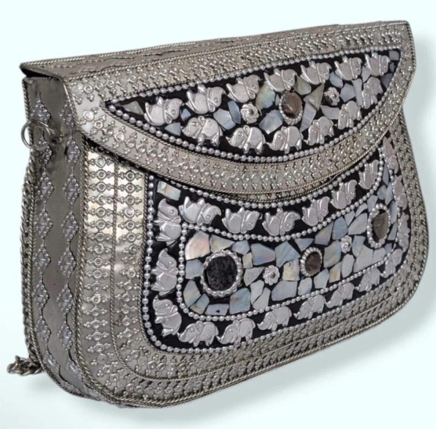 Vintage Handmade Mosaic Mother of Pearl Crossbody Metal Purse image indicator(3)