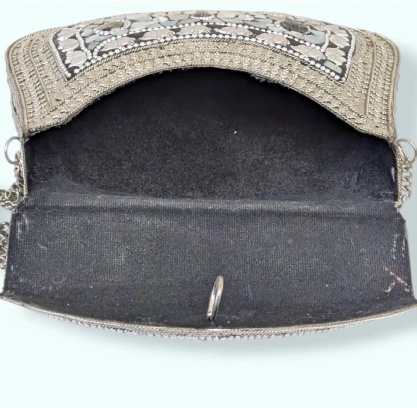 Vintage Handmade Mosaic Mother of Pearl Crossbody Metal Purse image indicator(7)