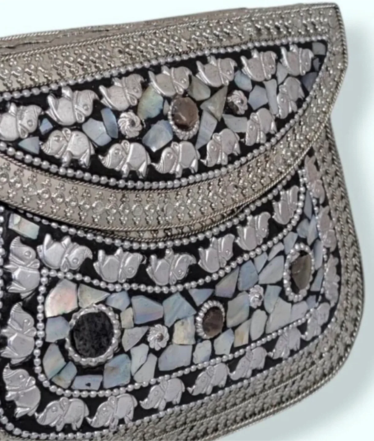 Vintage Handmade Mosaic Mother of Pearl Crossbody Metal Purse image indicator(9)