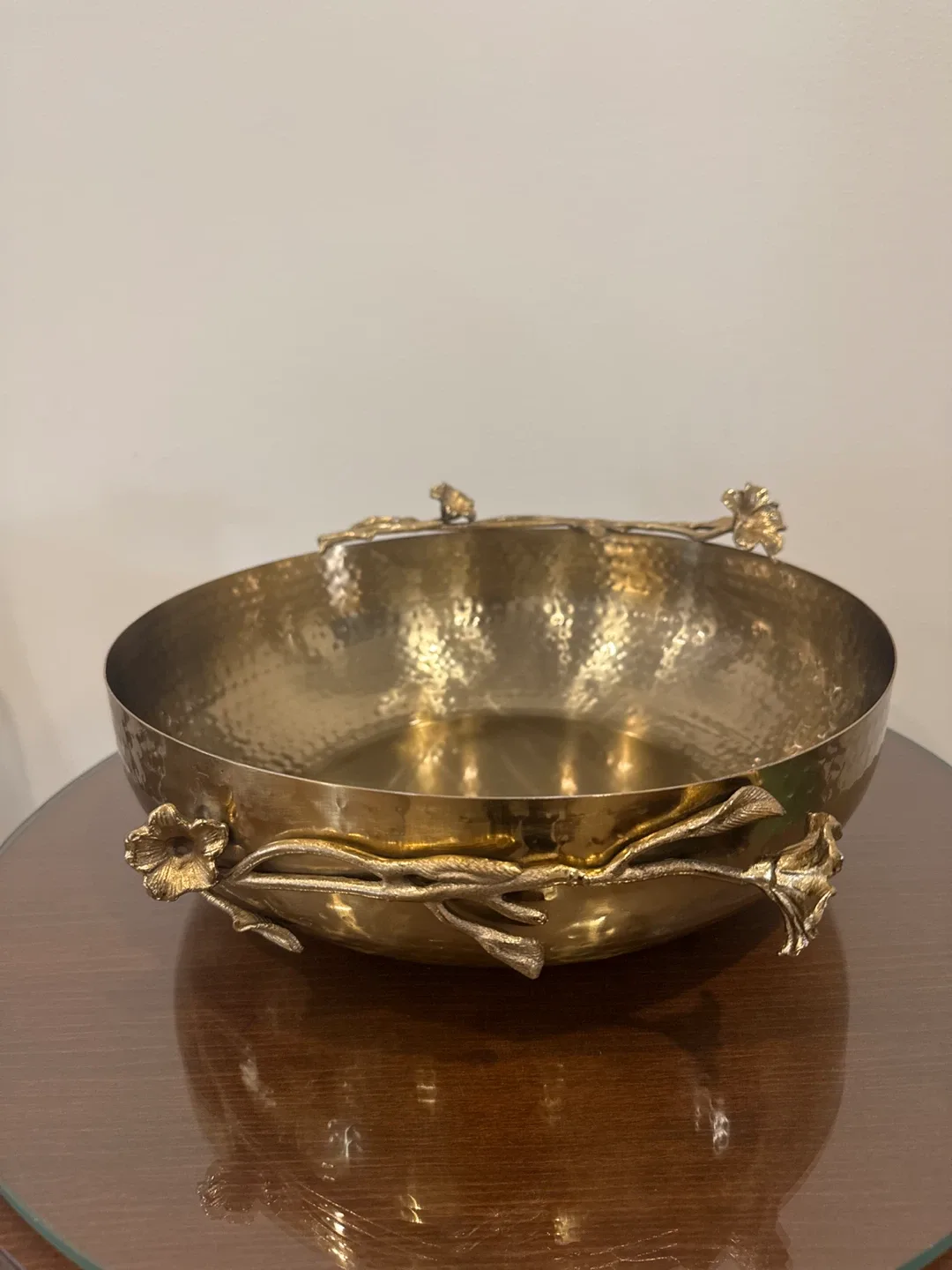 Decorative Gold Metal Bowl with Floral Accents thumbnail