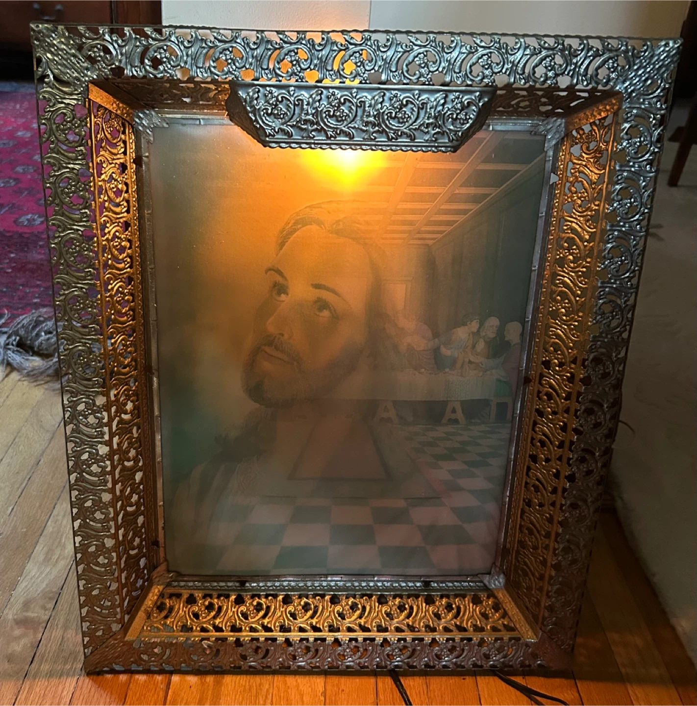 $25  1950s 3-D Lenticular lit Jesus Last Supper Print MCM Art