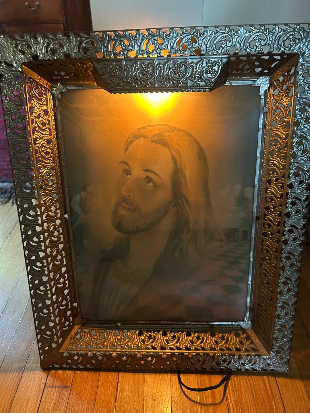 $25  1950s 3-D Lenticular lit Jesus Last Supper Print MCM Art image indicator(10)