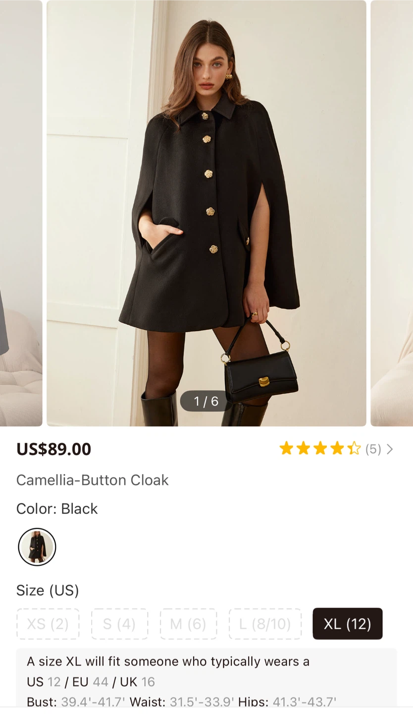 Commense Camellia-Button Cloak - Black - Size XL (US 12) - photo 2