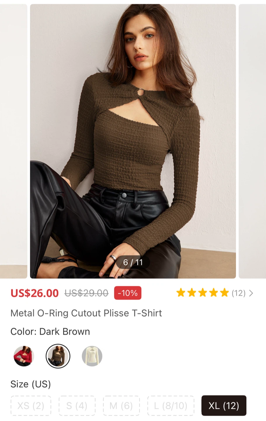 Dark Brown Plisse Cutout T-Shirt XL