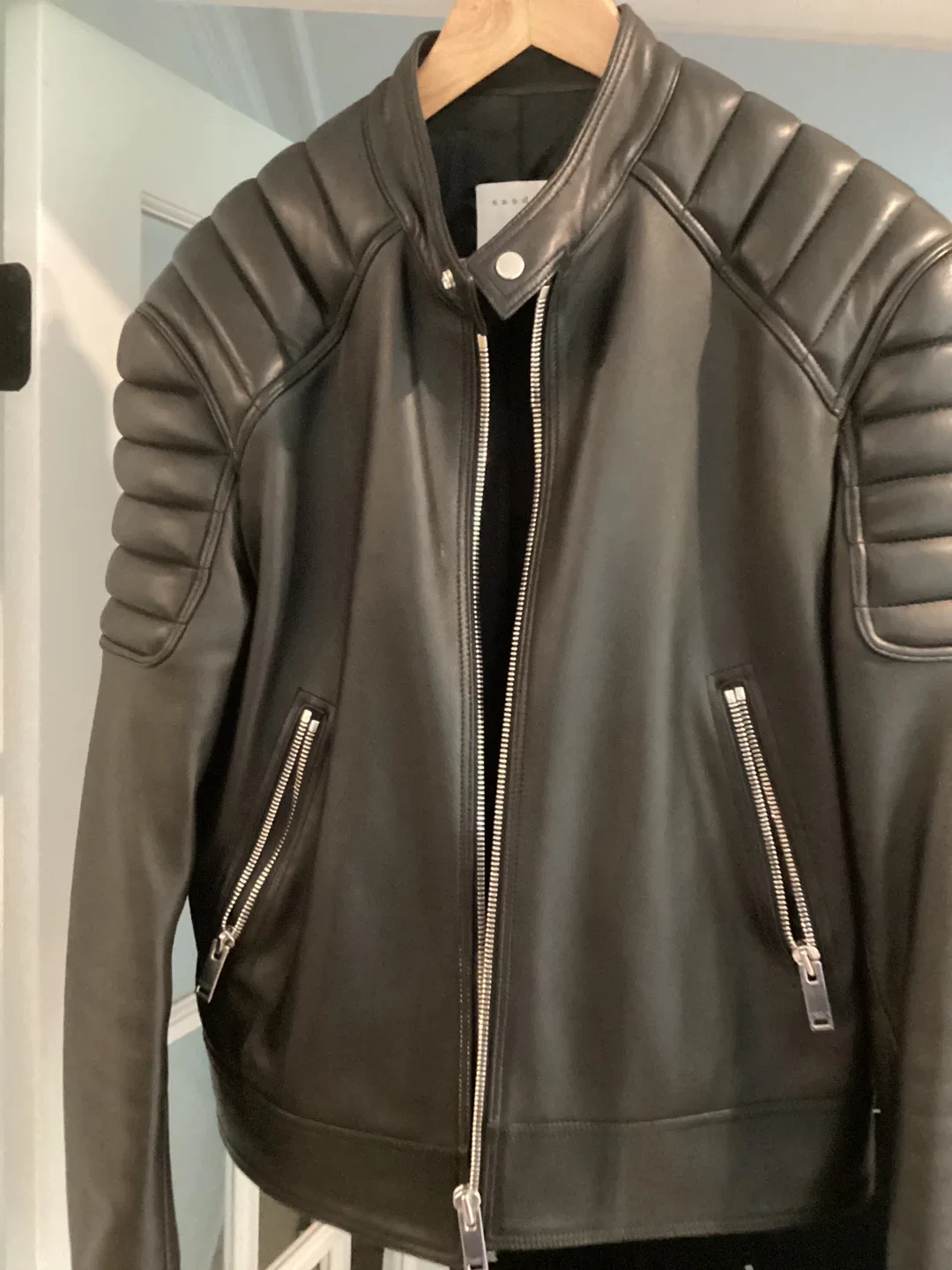 Sandro Black Leather Jacket, Size Large thumbnail