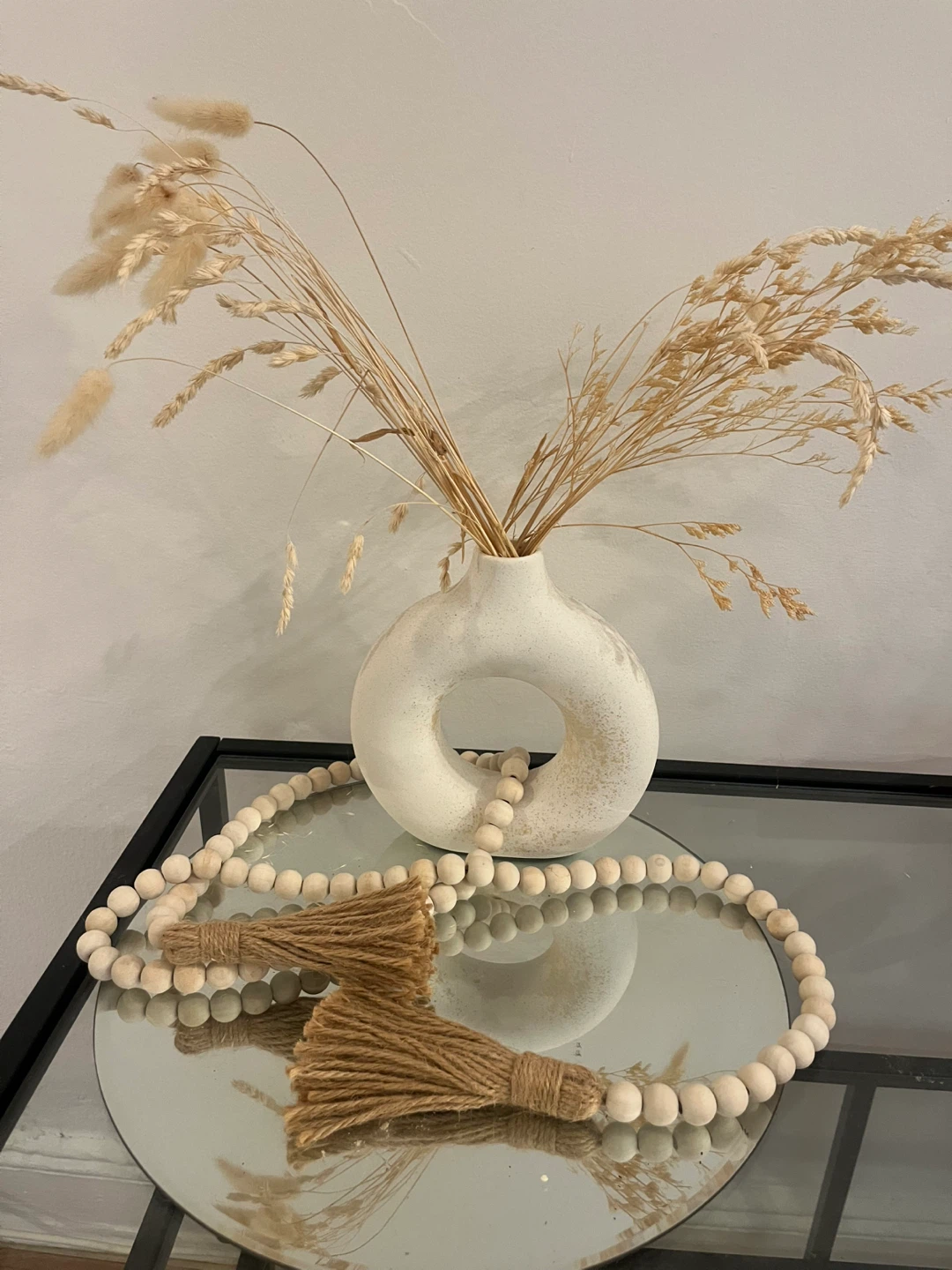 White Donut Vase with Wood Bead Garland