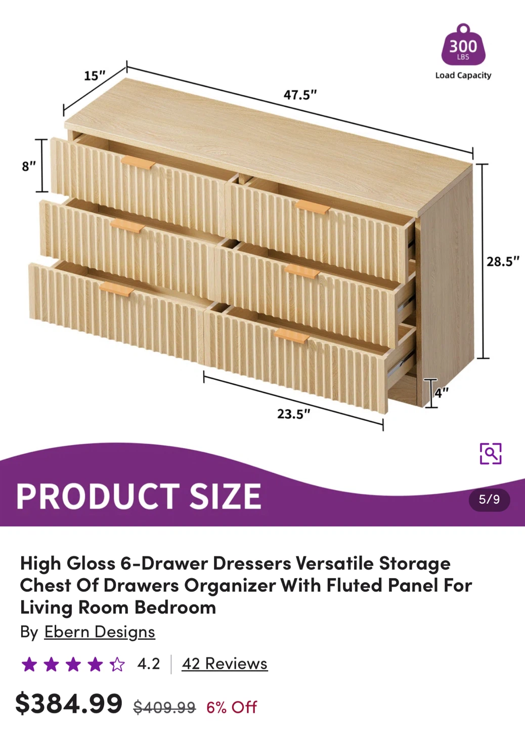 Ebern Designs High Gloss 6-Drawer Dresser - Light Oak - photo 2