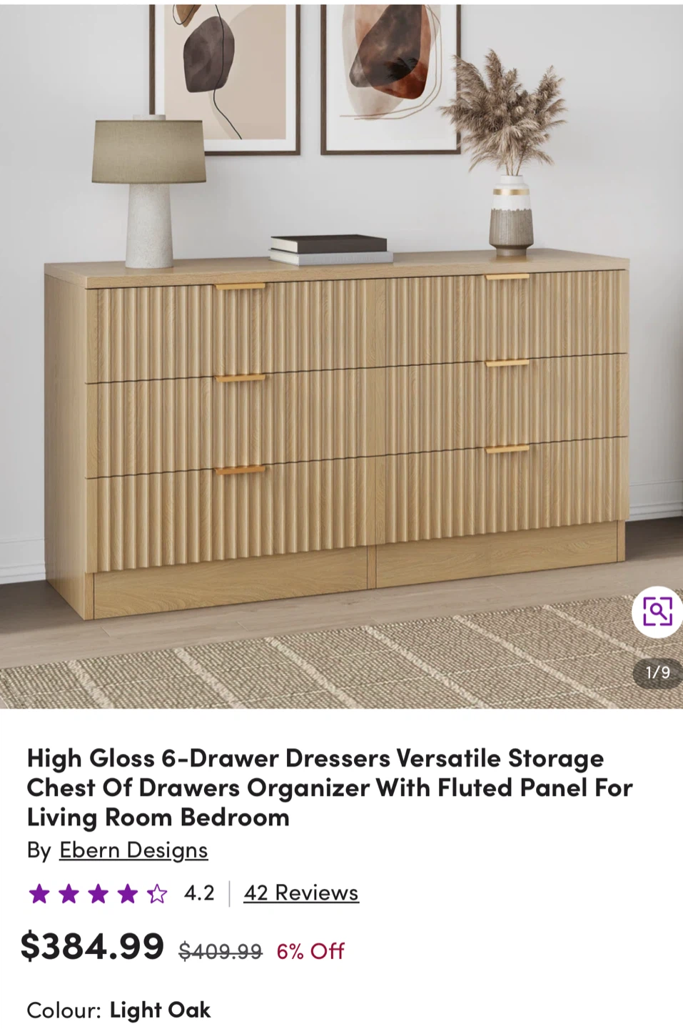 Ebern Designs High Gloss 6-Drawer Dresser - Light Oak