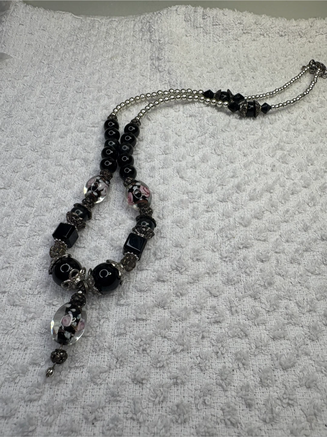Onyx and Murano Beaded Necklace with Floral Accents - photo 2