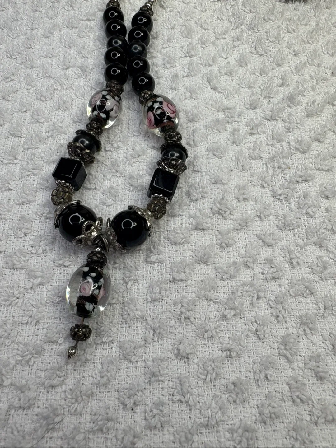 Onyx and Murano Beaded Necklace with Floral Accents