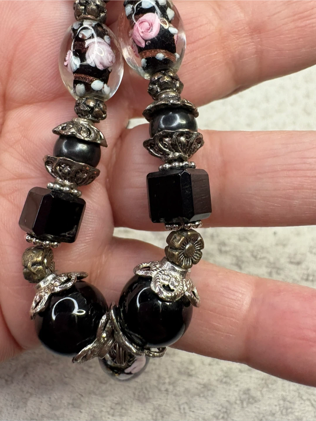 Onyx and Murano Beaded Necklace with Floral Accents - photo 3