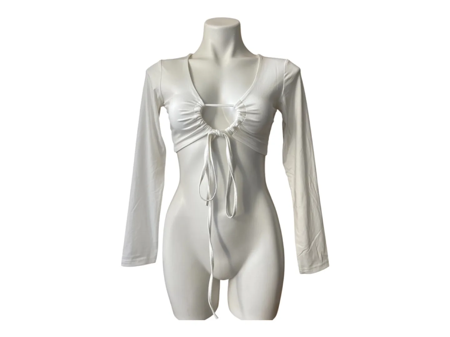 Vintage 2000s Y2K White Front Tie Up Long Sleeve Crop Top Small image indicator(4)