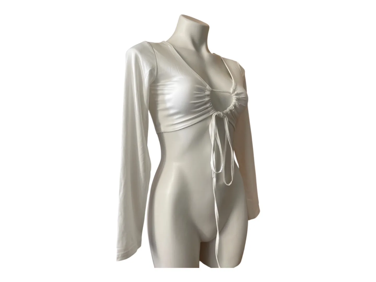 Vintage 2000s Y2K White Front Tie Up Long Sleeve Crop Top Small image indicator(5)