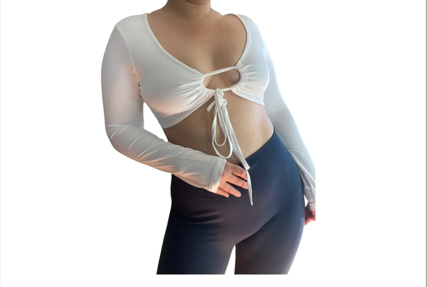 Vintage 2000s Y2K White Front Tie Up Long Sleeve Crop Top Small image indicator(2)