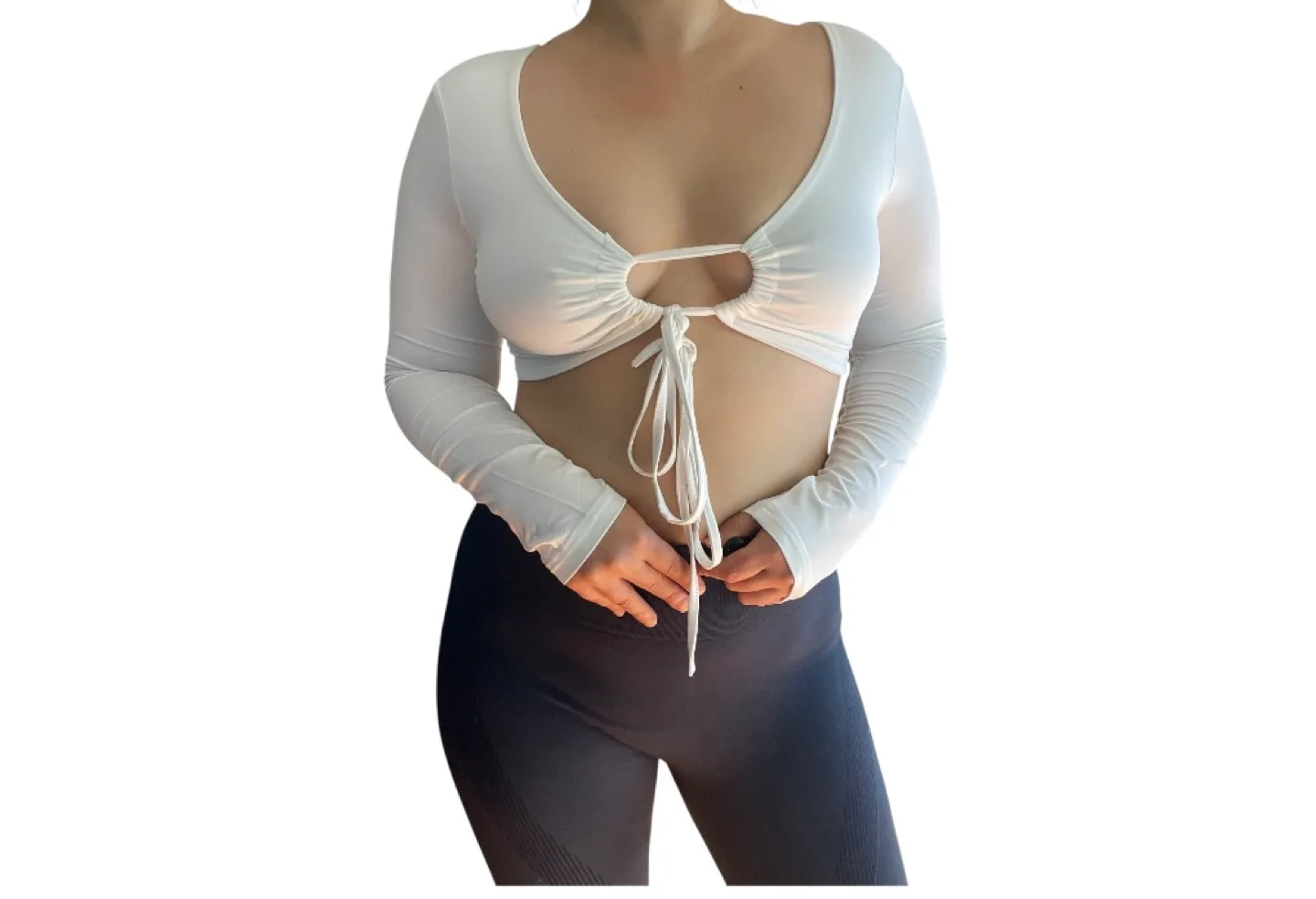 Vintage 2000s Y2K White Front Tie Up Long Sleeve Crop Top Small image indicator(3)