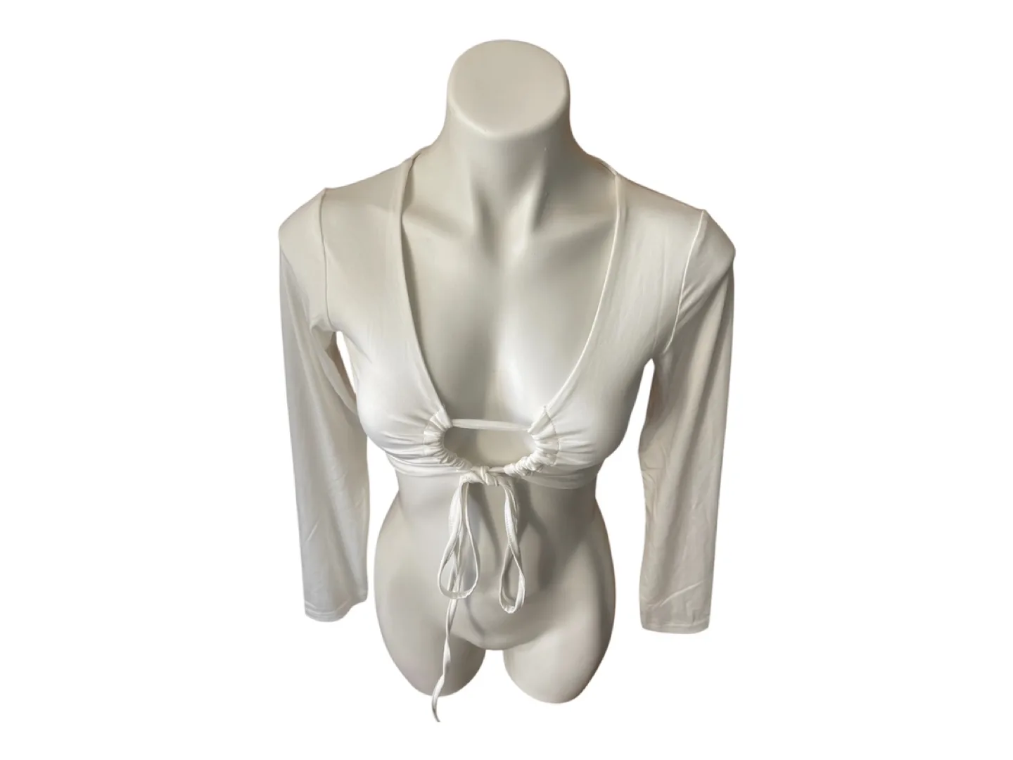 Vintage 2000s Y2K White Front Tie Up Long Sleeve Crop Top Small image indicator(10)