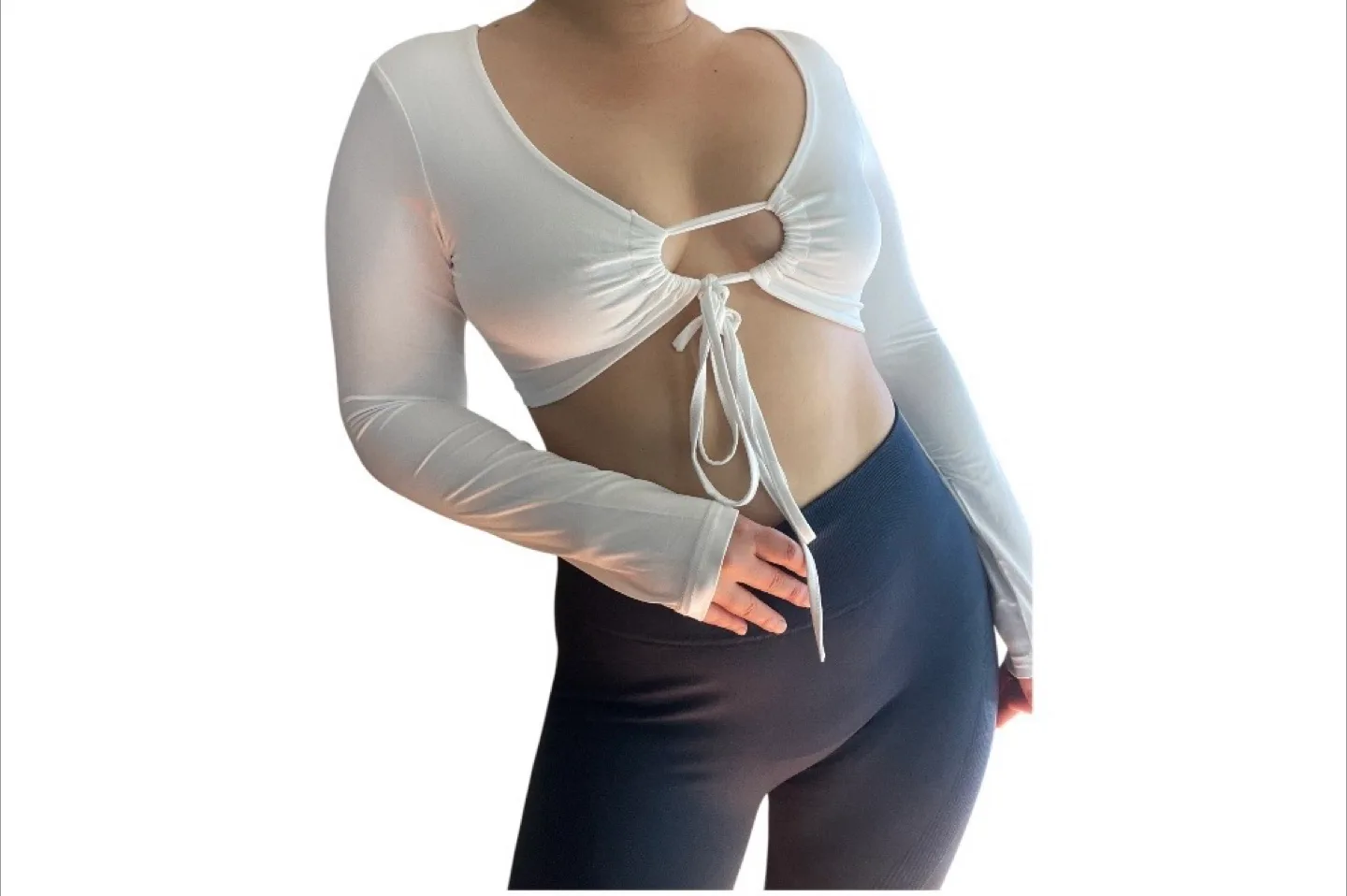Vintage 2000s Y2K White Front Tie Up Long Sleeve Crop Top M/L thumbnail