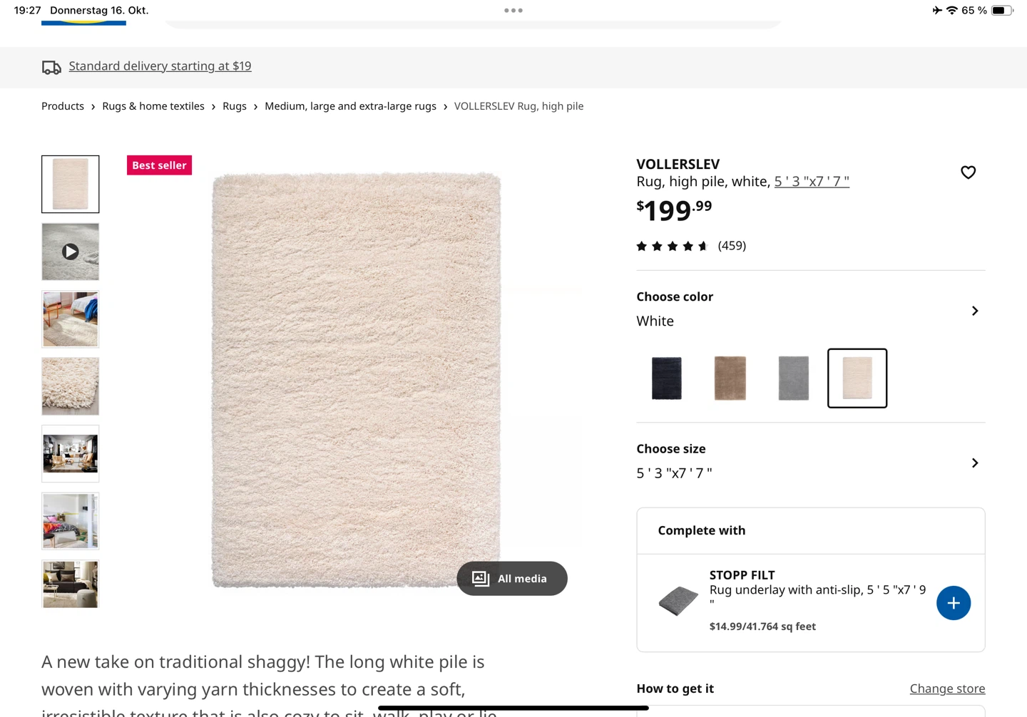 VOLLERSLEV Rug, high pile, 5' 3"x7' 7", White