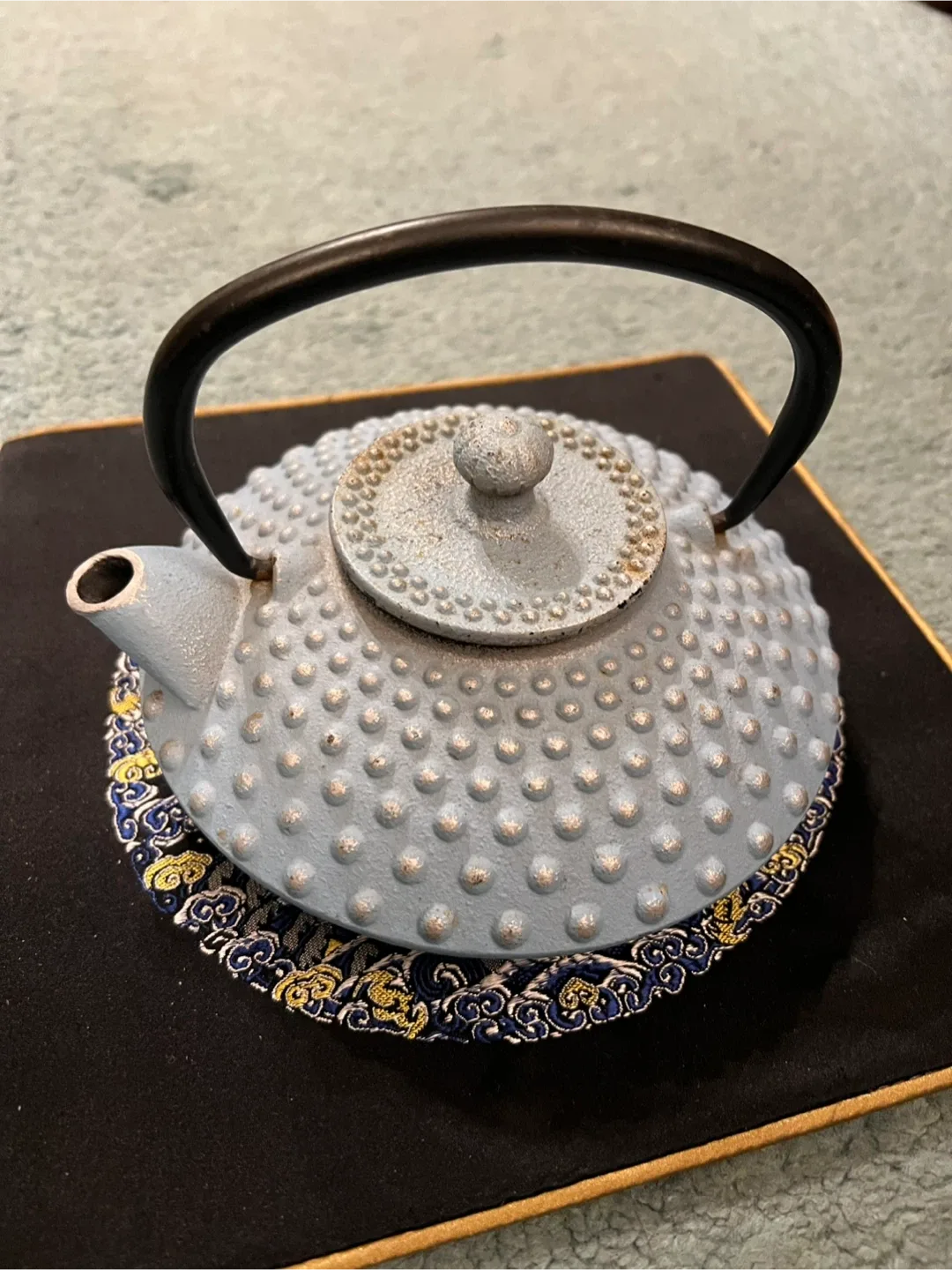 Vintage Silver Blue Cast Iron Teapot with Handle thumbnail