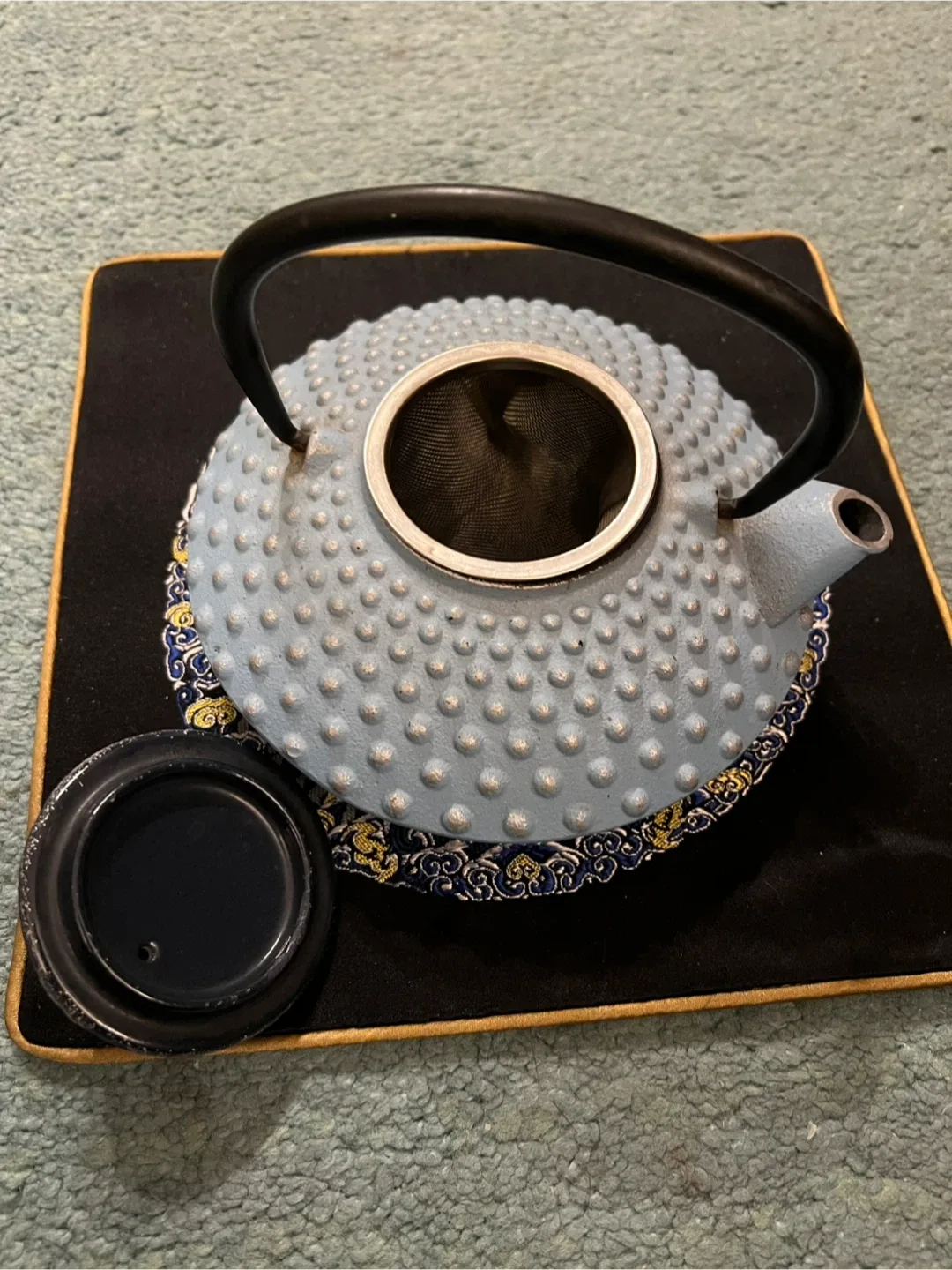 Vintage Silver Blue Cast Iron Teapot with Handle image indicator(3)