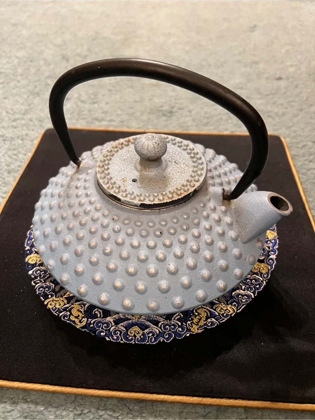 Vintage Silver Blue Cast Iron Teapot with Handle image indicator(2)
