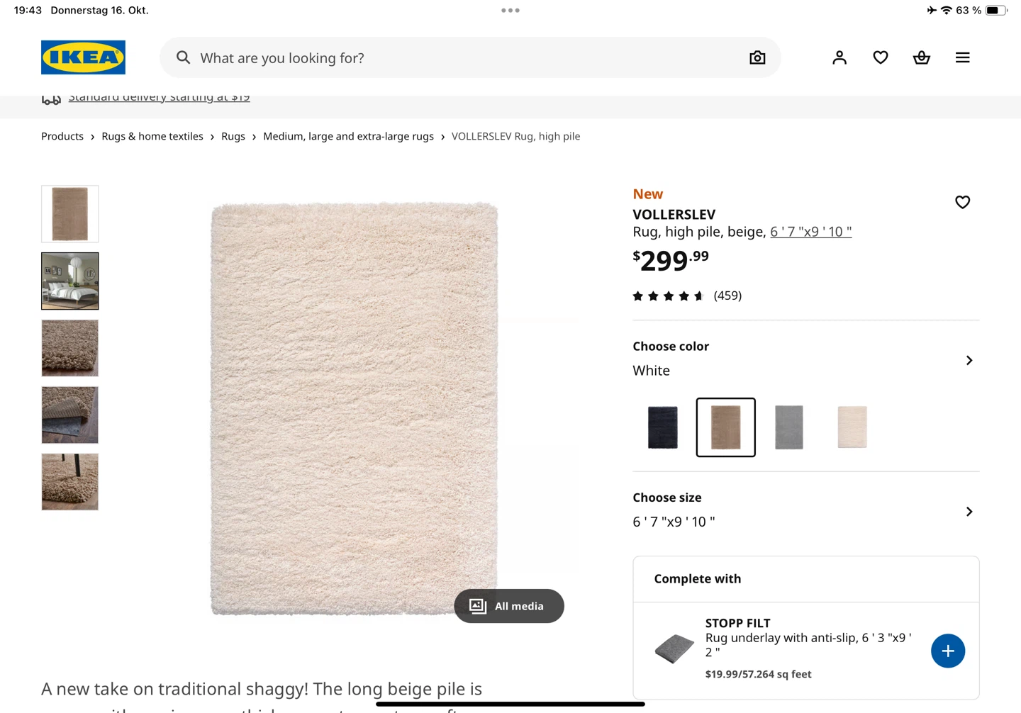 IKEA VOLLERSLEV Beige Rug 6'7" x 9'10"
