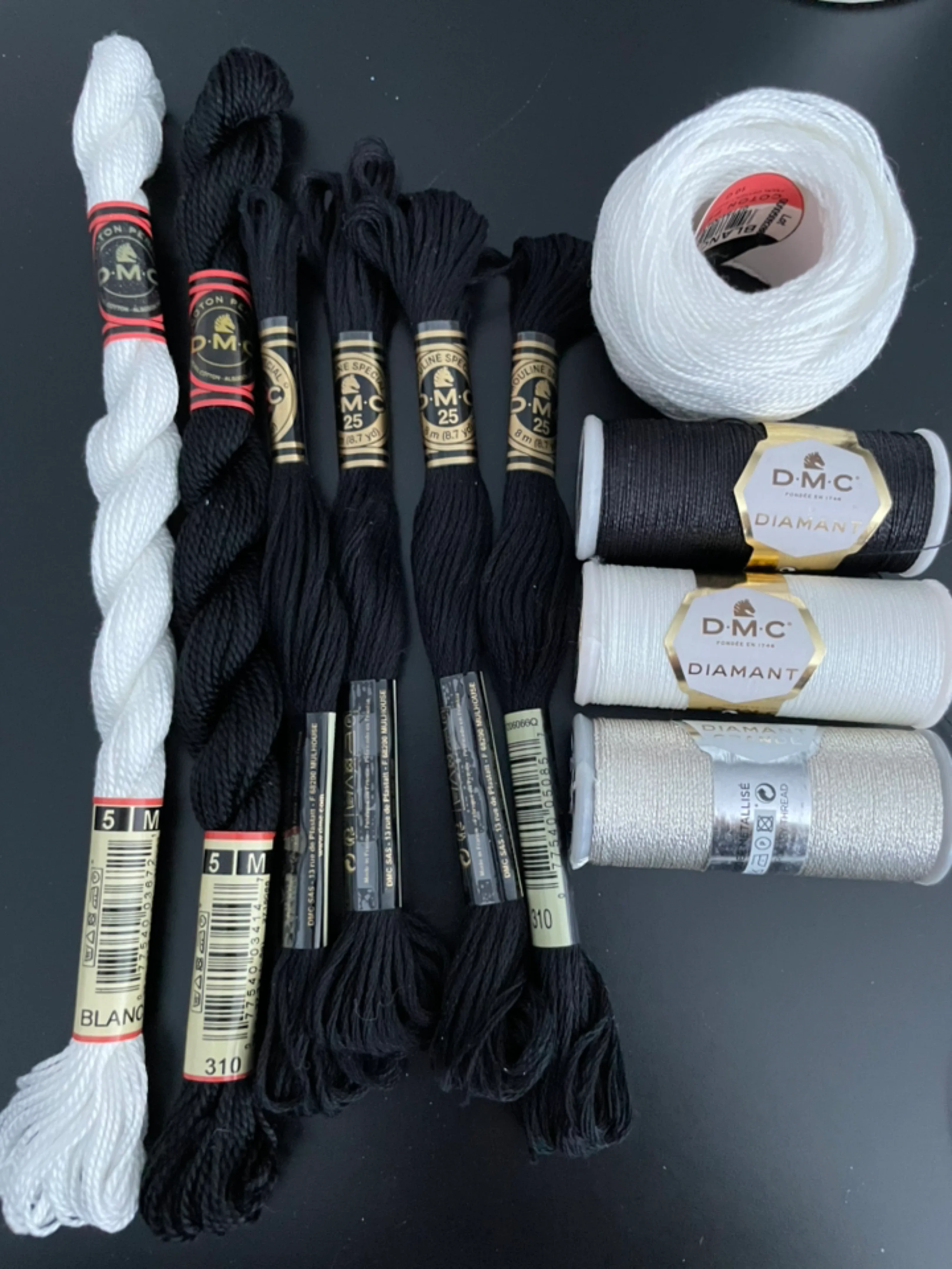 Lot of DMC Embroidery Thread - Black, White, Silver thumbnail