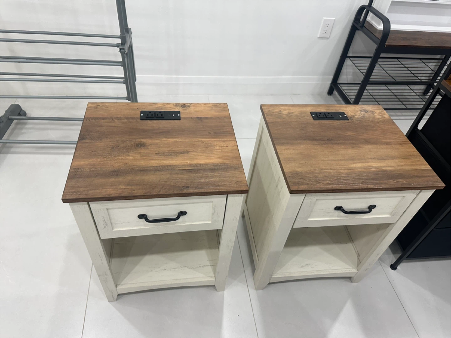 Pair of Wood & White Nightstands with USB Ports