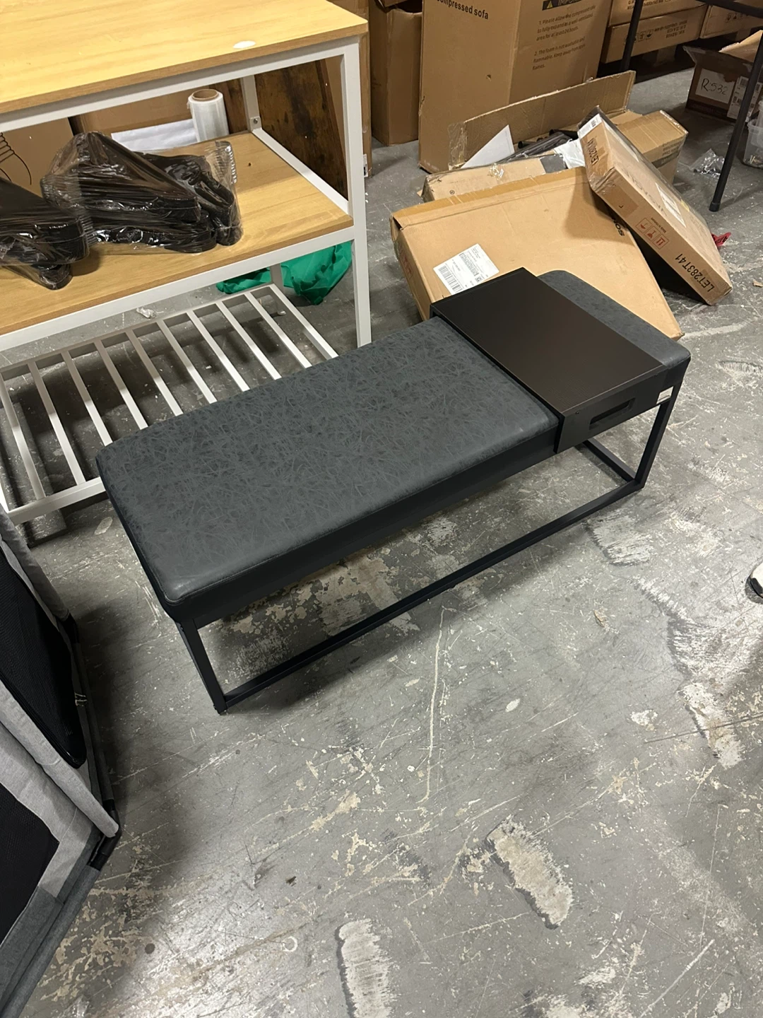 Grey Upholstered Bench with Side Table