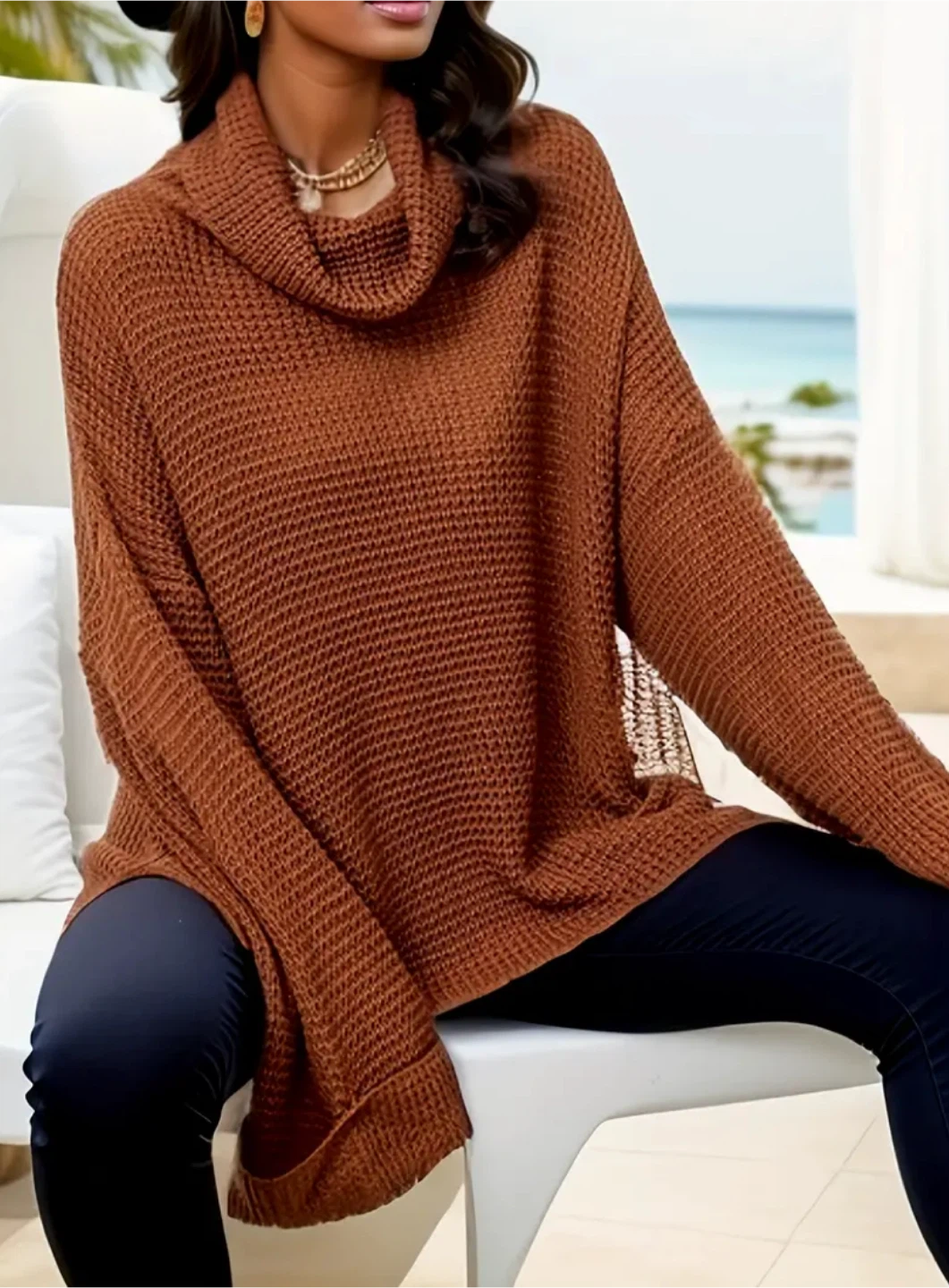 Merokeety XXL Brown Knit Turtleneck Sweater