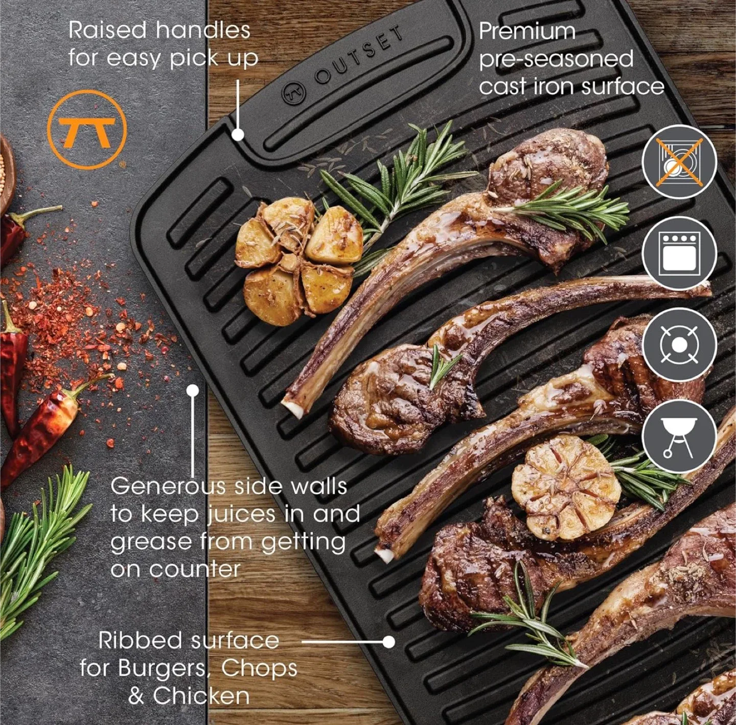 Outset Reversible Cast Iron Grill Griddle image indicator(3)