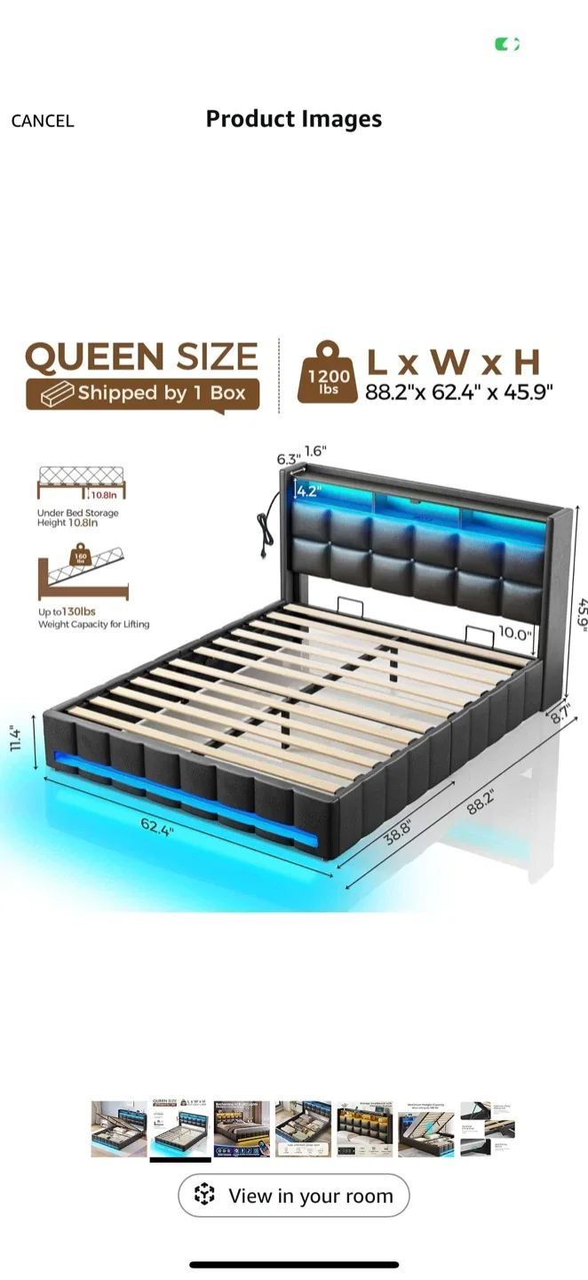 Queen Size Bed Frame with LED Lights & Storage image indicator(3)