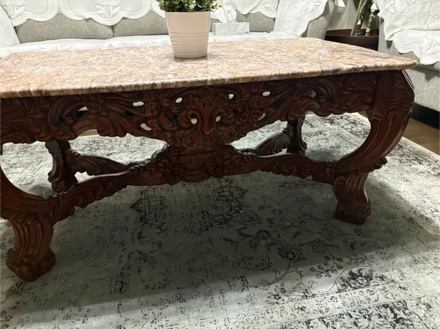 Marble Top Coffee Table with Ornate Wood Base image indicator(2)