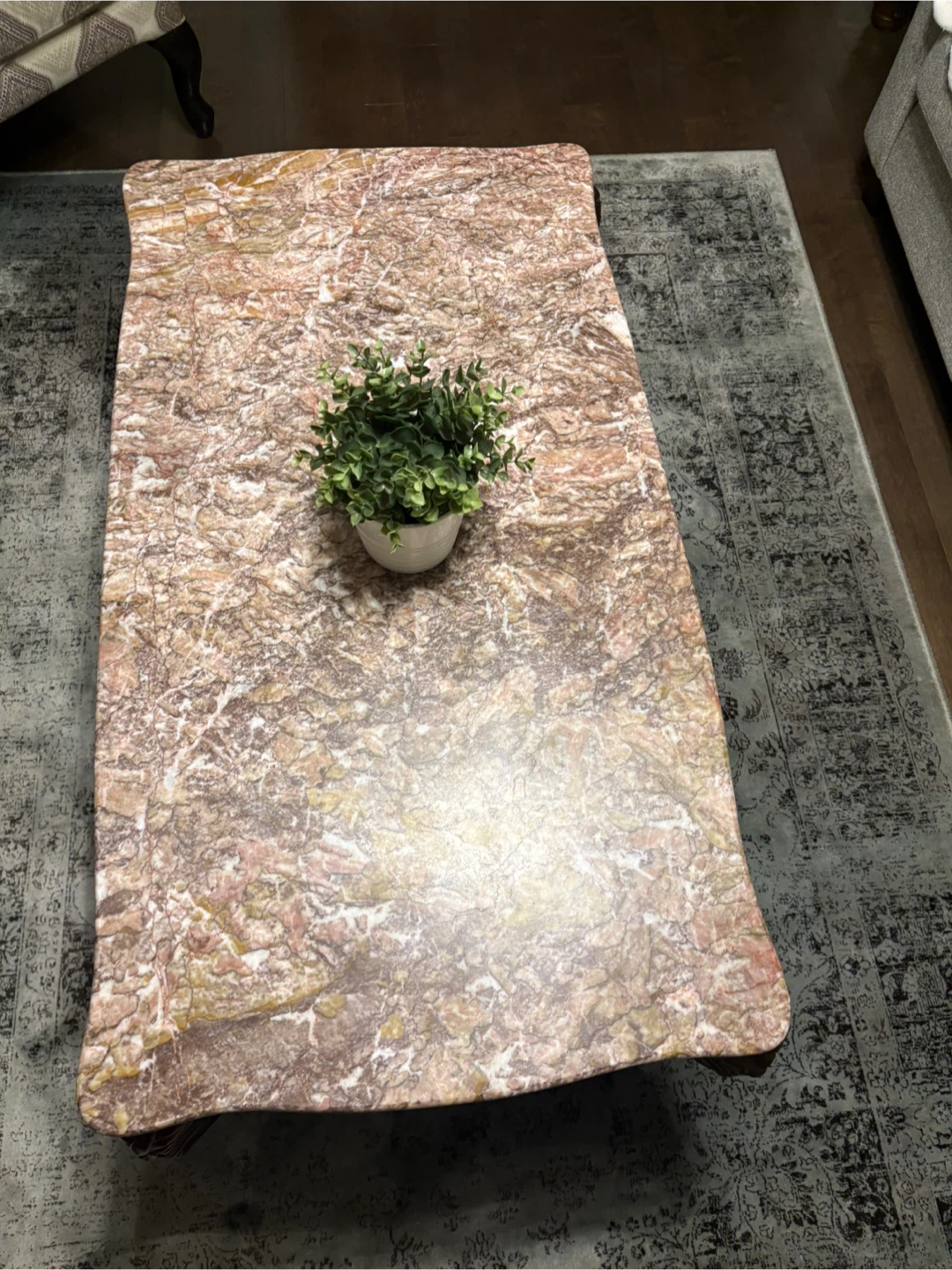 Marble Top Coffee Table with Ornate Wood Base