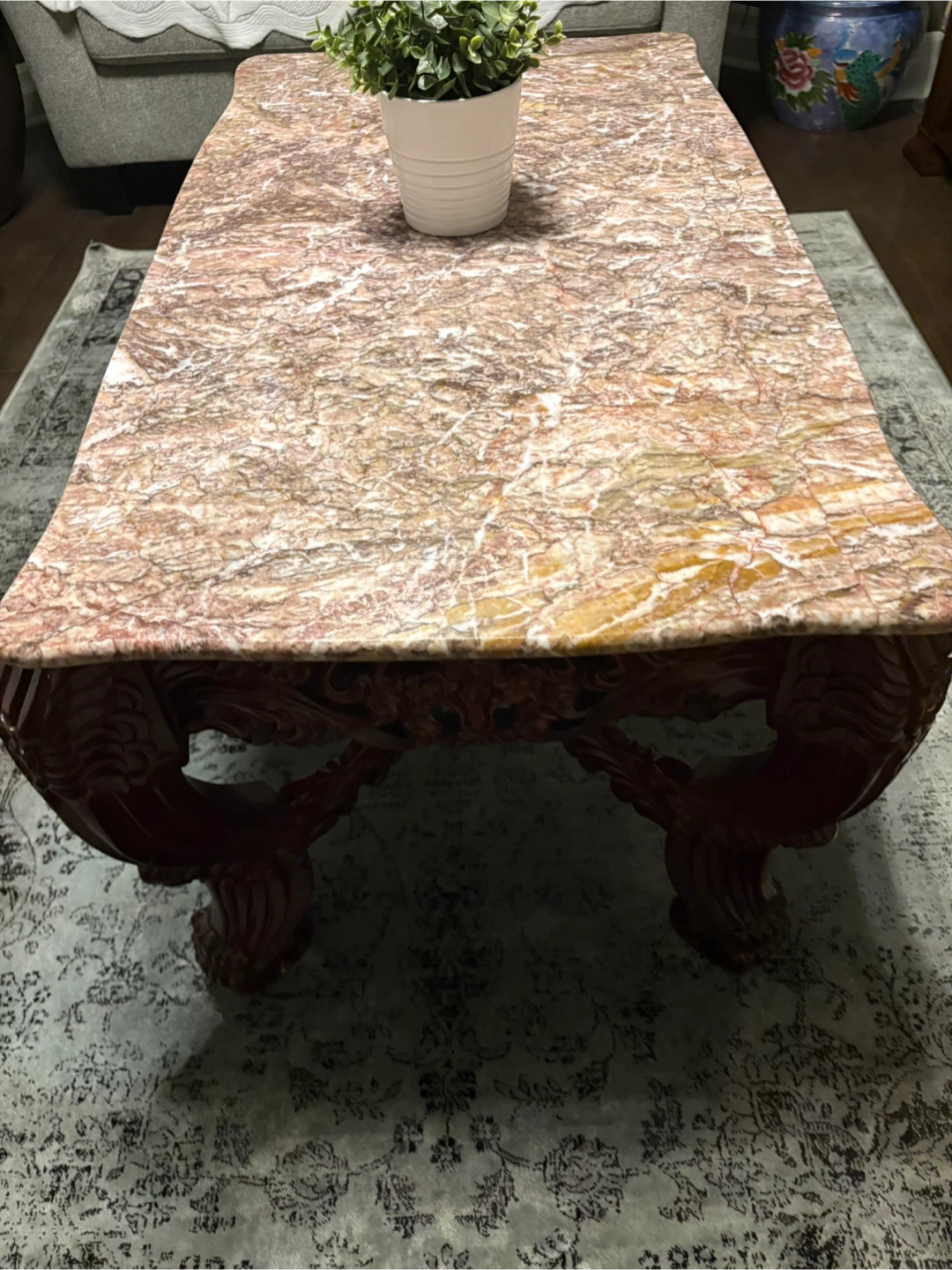 Marble Top Coffee Table with Ornate Wood Base - photo 3