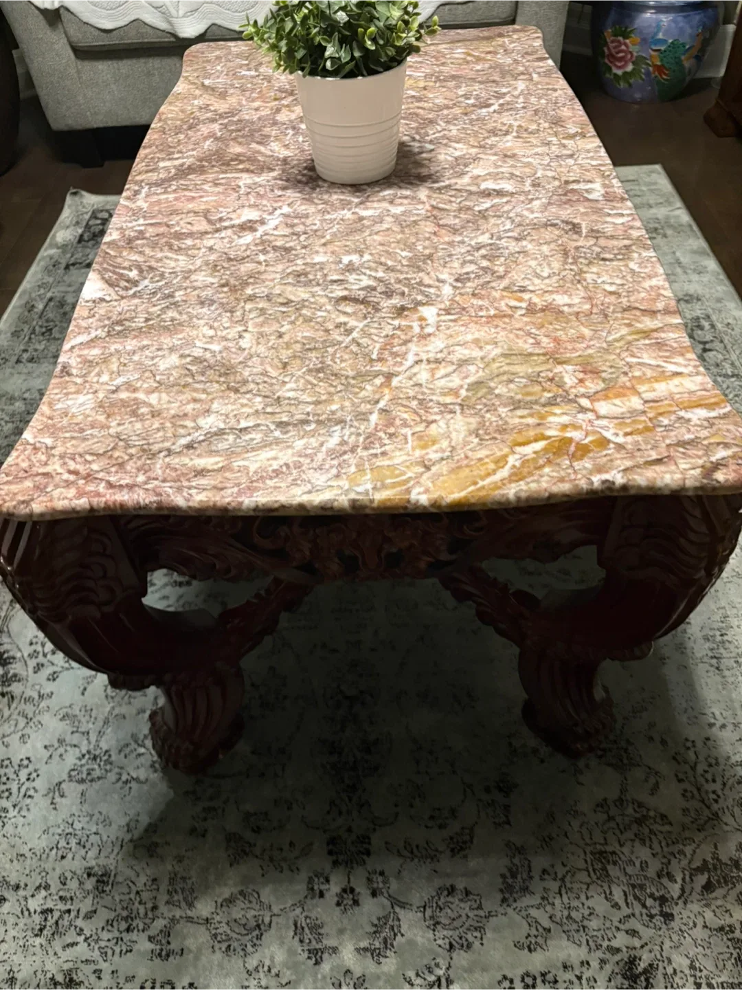 Marble Top Coffee Table with Ornate Wood Base image indicator(3)
