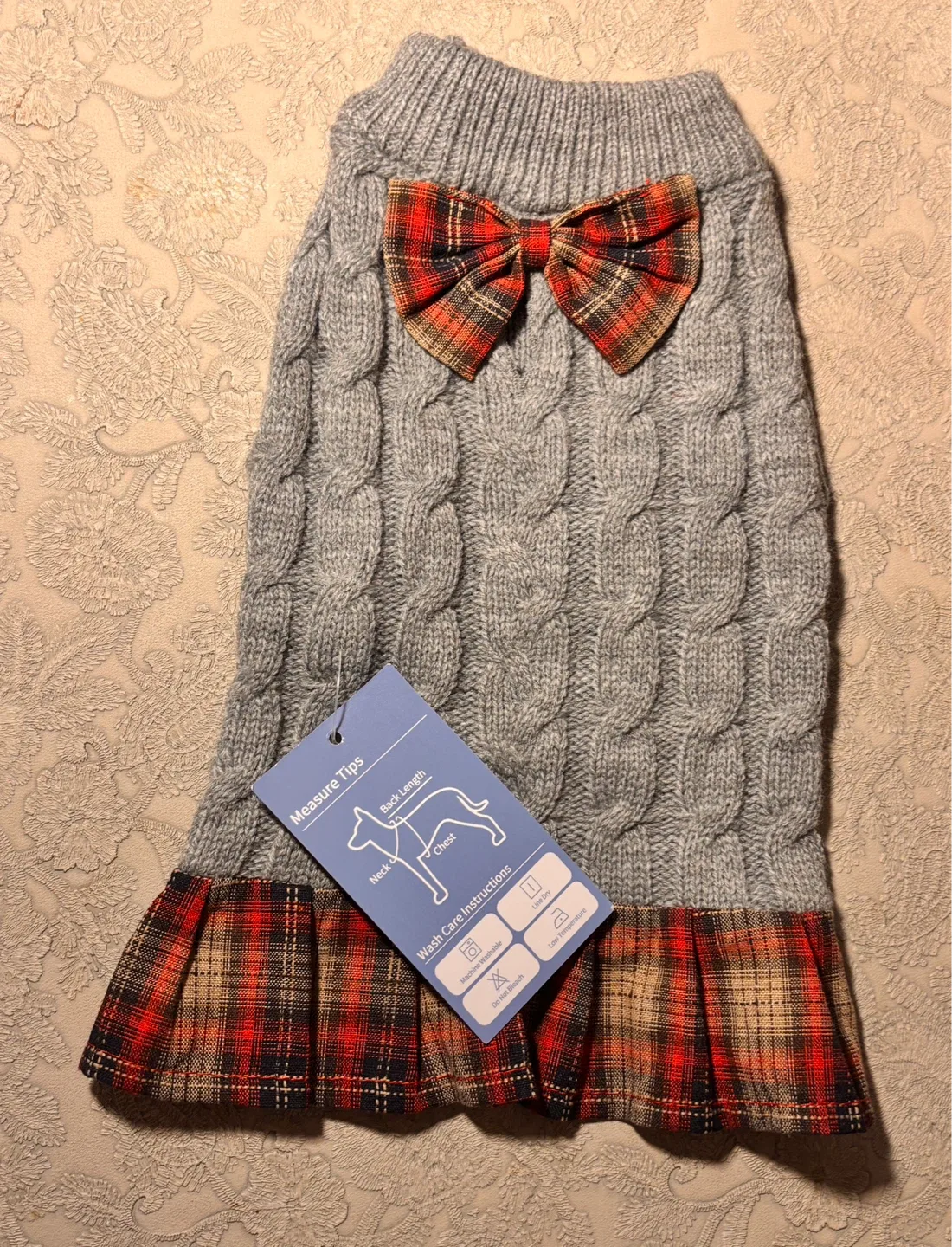 Dog Sweater Dress - Grey with Plaid thumbnail