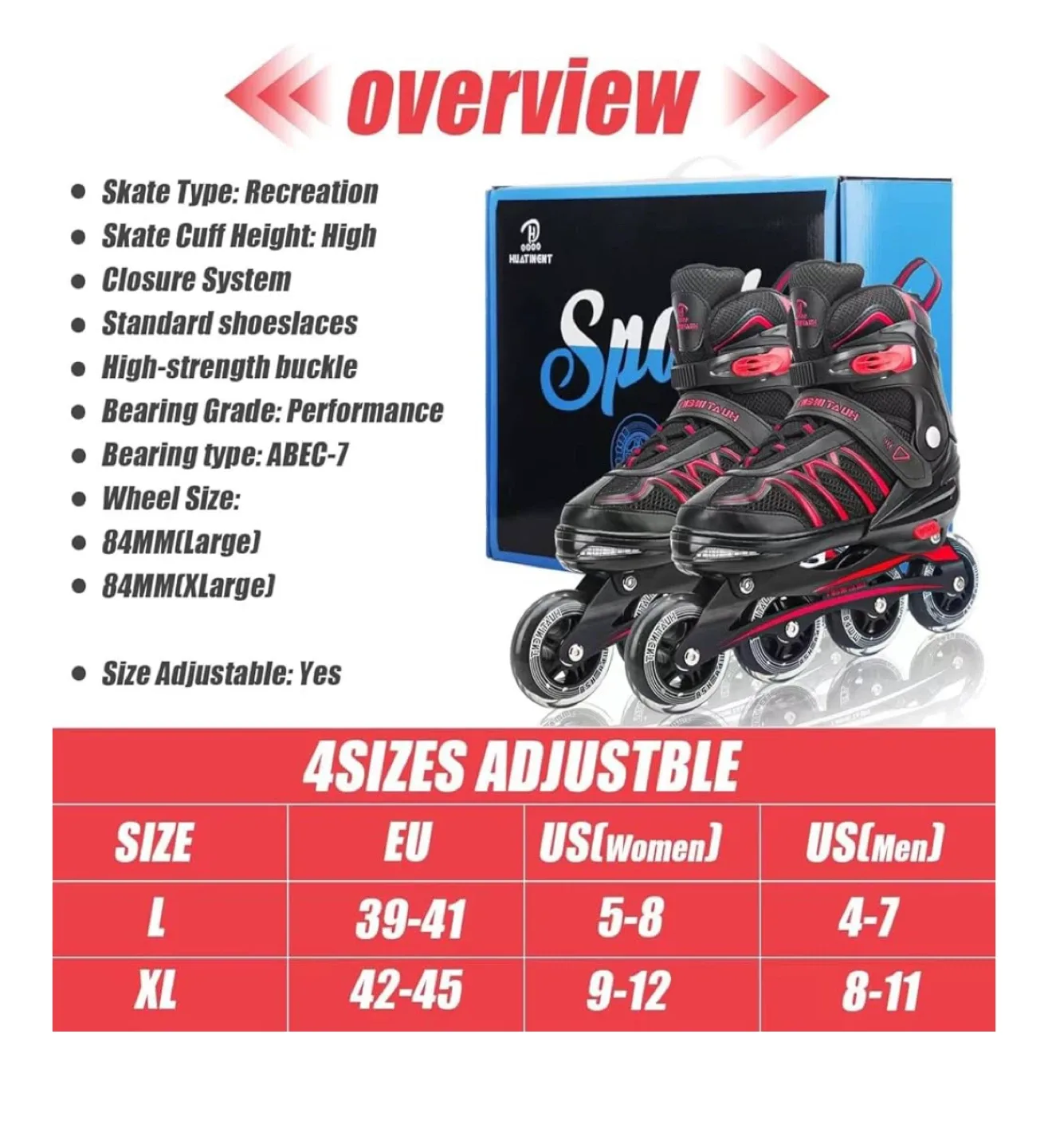 Huatineht Adjustable Inline Skates - Size L (US 5-9) image indicator(4)