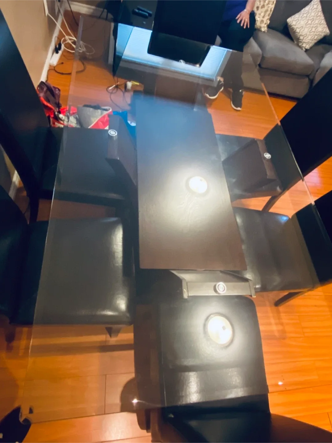 Glass Dining Table with 6 Black Leather Chairs image indicator(6)