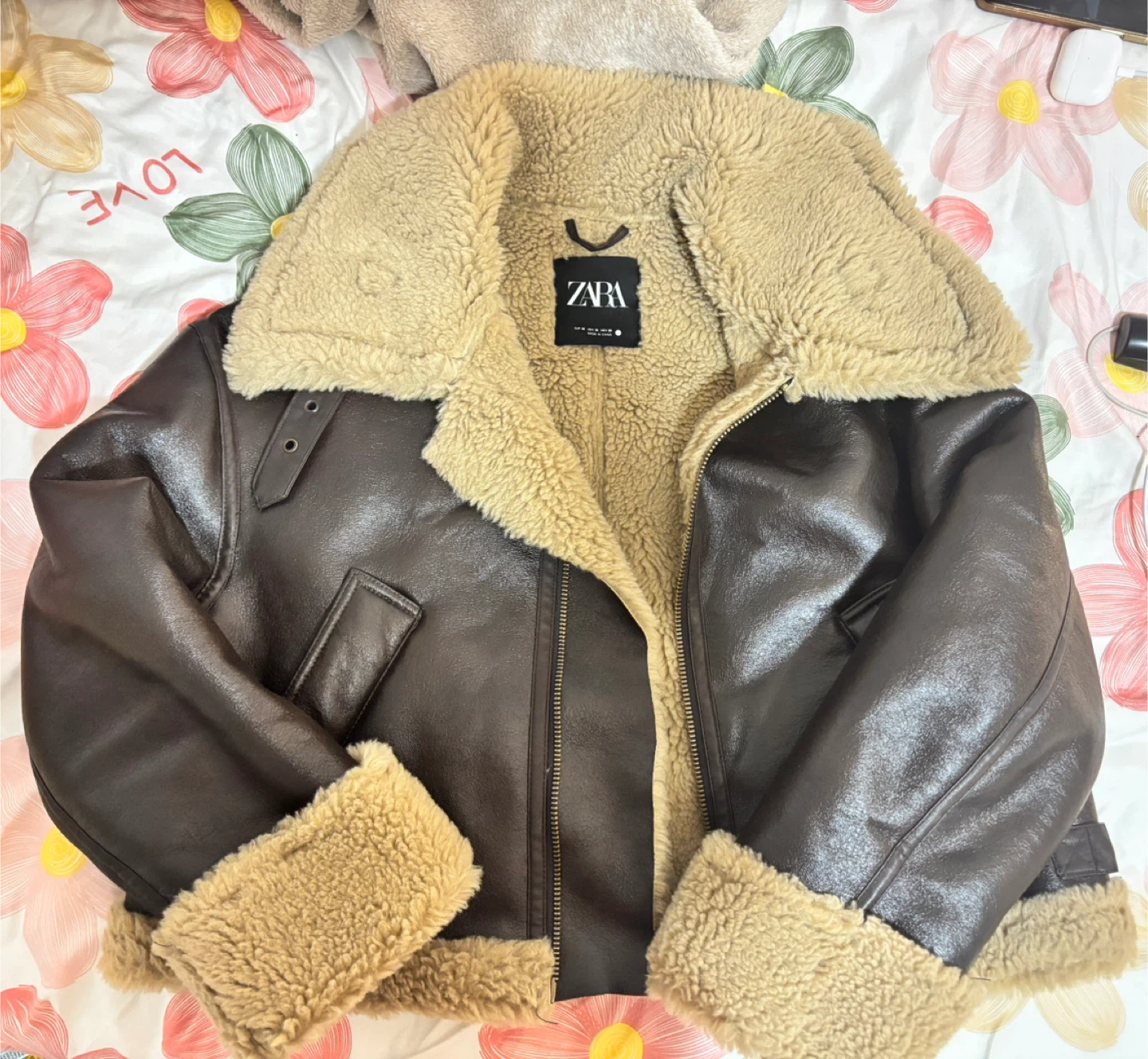 Zara Brown Faux Leather Aviator Jacket - Size M