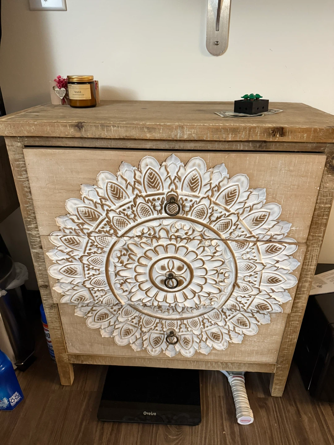 Wooden Nightstand with Carved Mandala Design